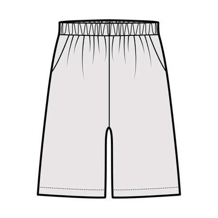 Shorts Sport training Bermuda Activewear technical fashion illustration with elastic low waist, rise, pockets, Relaxed fit, mid-thigh length. Flat bottom apparel front grey color. Women men unisex CADのイラスト素材