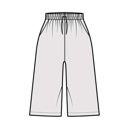 Bermuda Pocket Short technical fashion illustration with elastic normal waist, high rise, drawstrings, Relaxed fit, knee length. Flat bottom apparel template front, grey color. Women men unisex CADのイラスト素材