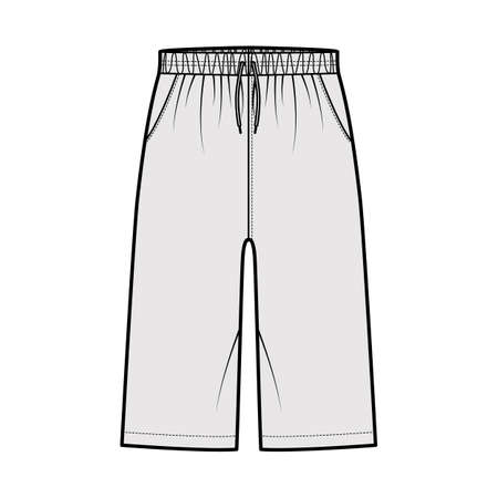 Bermuda Pocket Short technical fashion illustration with elastic low waist, rise, drawstrings, Relaxed fit, knee length. Flat bottom apparel template front, grey color. Women men unisex CAD mockupのイラスト素材