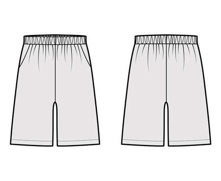 Shorts Sport training Bermuda Activewear technical fashion illustration with elastic low waist, rise, pockets, Relaxed fit, mid-thigh length. Flat apparel front, back grey color. Women men unisex CADのイラスト素材
