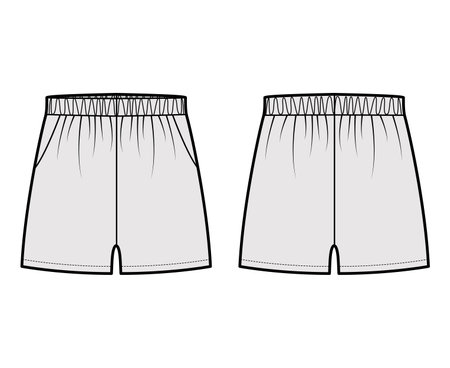 Sport training shorts Activewear technical fashion illustration with elastic low waist, rise, Relaxed fit, micro length. Flat bottom apparel template front, back, grey color. Women men unisex mockupのイラスト素材