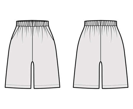 Active Shorts Sport training technical fashion illustration with elastic normal waist, high rise, Relaxed fit, mid-thigh length. Flat bottom apparel template front, back grey color. Women men unisexのイラスト素材