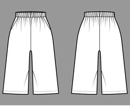 Bermuda Pocket Short technical fashion illustration with elastic normal low waist, high rise, Relaxed fit, knee length. Flat bottom apparel template front, back, white color. Women men unisex mockupのイラスト素材