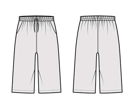 Bermuda Pocket Short technical fashion illustration with elastic low waist, rise, drawstrings, Relaxed, knee length. Flat bottom apparel template front, back, grey color. Women men unisex CAD mockupのイラスト素材