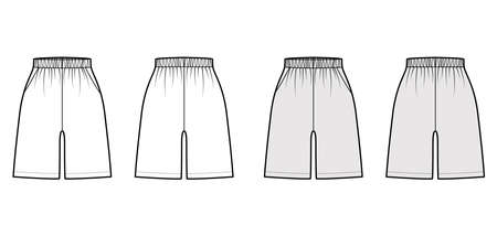 Active Shorts Sport training technical fashion illustration with high rise, pockets, Relaxed fit, mid-thigh length. Flat bottom apparel template front, back, white grey color. Women men unisex mockupのイラスト素材