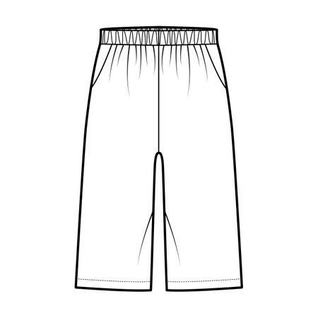 Bermuda Pocket Short technical fashion illustration with elastic low waist, rise, Relaxed fit, knee length. Flat bottom apparel template front, white color style. Women men unisex CAD mockupのイラスト素材