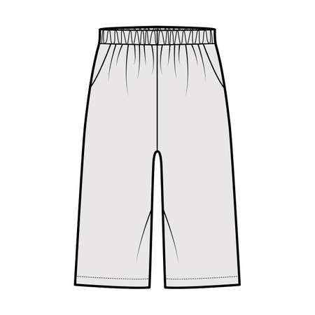 Bermuda Pocket Short technical fashion illustration with elastic low waist, rise, Relaxed fit, knee length. Flat bottom apparel template front, grey color style. Women men unisex CAD mockupのイラスト素材