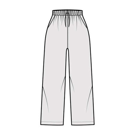 Pull-On Pants Sport training shorts technical fashion illustration with elastic normal waist, high rise, drawstrings, Relaxed, ankle length. Flat bottom template front grey color. Women men unisex CADのイラスト素材