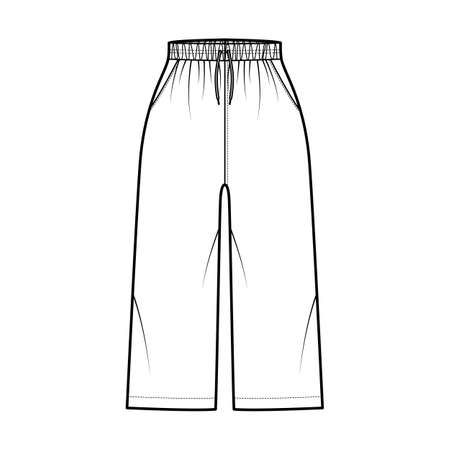 Bermuda shorts Activewear technical fashion illustration with elastic normal waist, high rise, drawstrings, pockets, Relaxed, calf length. Flat bottom apparel template front white color. Women men CADのイラスト素材