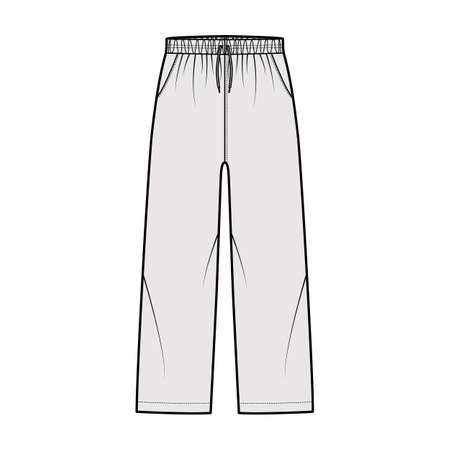 Pull-On Pants Sport training shorts technical fashion illustration with elastic low waist, rise, drawstrings, ankle length. Flat bottom apparel template front, grey color. Women men unisex CAD mockupのイラスト素材