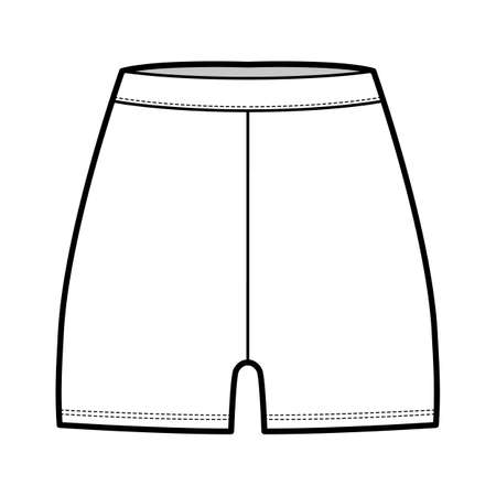 Bike shorts Leggings technical fashion illustration with natural waist, high rise, micro length. Flat sport training pants, casual knit trousers apparel template front, white color. Women CAD mockupのイラスト素材