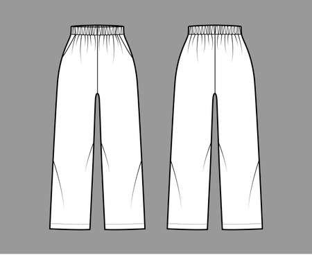 Pull-On Pants Sport shorts technical fashion illustration with elastic normal waist, high rise, pockets, Relaxed fit, ankle length. Flat bottom template front, back, white color. Women men CAD mockupのイラスト素材