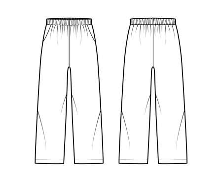Pull-On Pants Sport training shorts technical fashion illustration with low waist, rise, pockets, Relaxed fit, ankle length. Flat bottom apparel template front, back, white color. Women men CAD mockupのイラスト素材