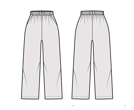 Pull-On Pants Sport shorts technical fashion illustration with elastic normal waist, high rise, Relaxed fit, ankle length. Flat bottom apparel template front, back, grey color. Women men unisex mockupのイラスト素材