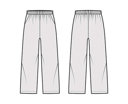 Pull-On Pants Sport training shorts technical fashion illustration with low waist, rise, pockets, Relaxed fit, ankle length. Flat bottom apparel template front, back, grey color. Women men CAD mockupのイラスト素材