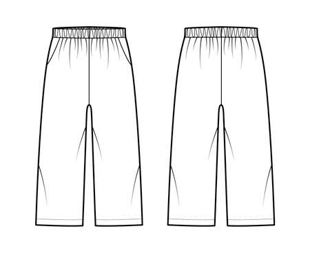 Bermuda shorts Activewear technical fashion illustration with low waist, rise, pockets, Relaxed fit, calf length. Flat bottom apparel template front, back, white color. Women men unisex CAD mockupのイラスト素材