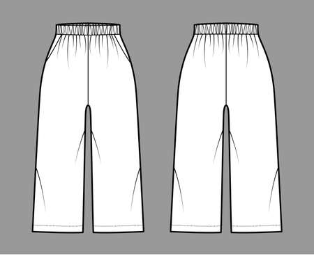 Bermuda shorts Activewear technical fashion illustration with elastic normal waist, high rise, Relaxed fit, calf length. Flat bottom apparel template front, back, white color. Women men unisex mockupのイラスト素材