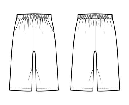 Bermuda Pocket Short technical fashion illustration with elastic low waist, rise, Relaxed fit, knee length. Flat bottom apparel template front, back, white color style. Women men unisex CAD mockupのイラスト素材