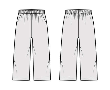 Bermuda shorts Activewear technical fashion illustration with low waist, rise, pockets, Relaxed fit, calf length. Flat bottom apparel template front, back, grey color. Women men unisex CAD mockupのイラスト素材