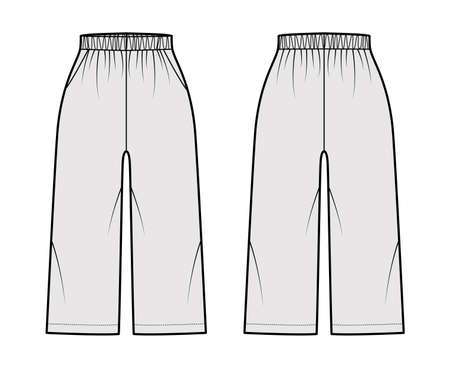 Bermuda shorts Activewear technical fashion illustration with elastic normal waist, high rise, pockets, Relaxed fit, calf length. Flat bottom template front, back, grey color. Women unisex CAD mockupのイラスト素材