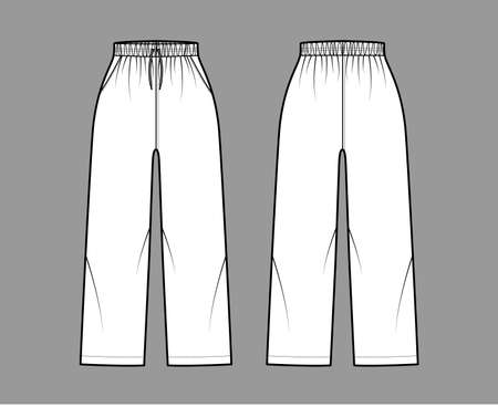 Pull-On Pants Sport training shorts technical fashion illustration with elastic waist, high rise, drawstrings, Relaxed fit, ankle length. Flat template front, back, white color. Women men unisex CADのイラスト素材
