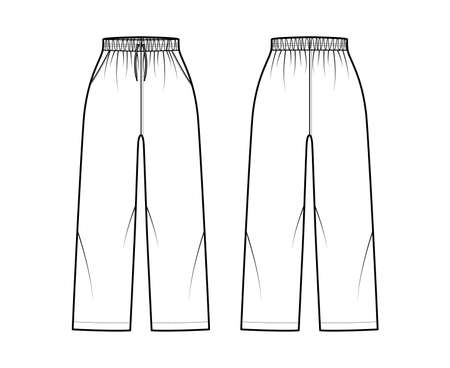 Pull-On Pants Sport training shorts technical fashion illustration with elastic normal waist, high rise, drawstrings, ankle length. Flat bottom template front, back, white color. Women men unisex CADのイラスト素材