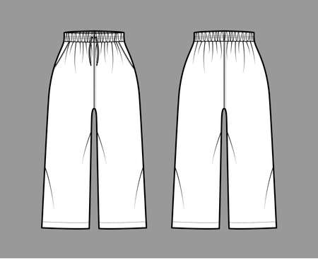 Bermuda shorts Activewear technical fashion illustration with elastic normal waist, high rise, drawstrings, pockets, Relaxed, calf length. Flat bottom apparel template front, back, white color. Womenのイラスト素材