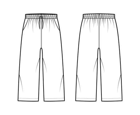 Bermuda shorts Activewear technical fashion illustration with elastic low waist, rise, drawstrings, Relaxed fit, calf length. Flat bottom apparel template front, back white color. Women men CAD mockupのイラスト素材