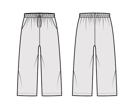Bermuda shorts Activewear technical fashion illustration with elastic low waist, rise, drawstrings, Relaxed fit, calf length. Flat bottom apparel template front, back, grey color. Women men CAD mockupのイラスト素材