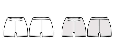 Bike shorts technical fashion illustration with low waist, rise, micro length. Flat sport training pants, casual knit trousers apparel template front back white grey color. Women men unisex CAD mockupのイラスト素材