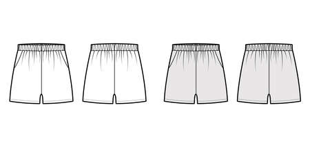 Sport training shorts Activewear technical fashion illustration with elastic low waist, rise, pockets, micro length. Flat bottom apparel template front, back, white grey color. Women men unisex mockupのイラスト素材