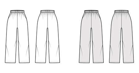 Pull-On Pants Sport shorts technical fashion illustration with high rise, pockets, Relaxed fit, ankle length. Flat bottom apparel template front, back, white grey color. Women men unisex CAD mockupのイラスト素材