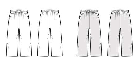 Bermuda shorts Activewear technical fashion illustration with low waist, rise, pockets, Relaxed fit, calf length. Flat bottom apparel template front, back white grey color. Women men unisex CAD mockupのイラスト素材