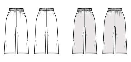 Bermuda shorts Activewear technical fashion illustration with elastic normal waist, pockets, Relaxed fit, calf length. Flat bottom template front, back, white grey color. Women men unisex CAD mockupのイラスト素材