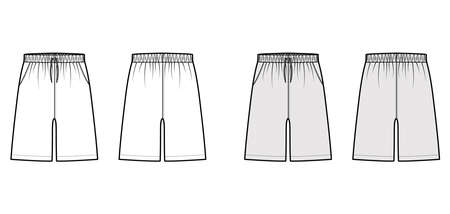 Shorts Sport Bermuda technical fashion illustration with elastic low waist, rise, drawstrings, pockets, Relaxed fit, mid-thigh length. Flat front, back, white grey color. Women men unisex CAD mockupのイラスト素材