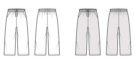 Bermuda shorts Activewear technical fashion illustration with low waist, rise, drawstrings, pockets, Relaxed fit, calf length. Flat bottom apparel template front, back, white grey color. Women men CADのイラスト素材