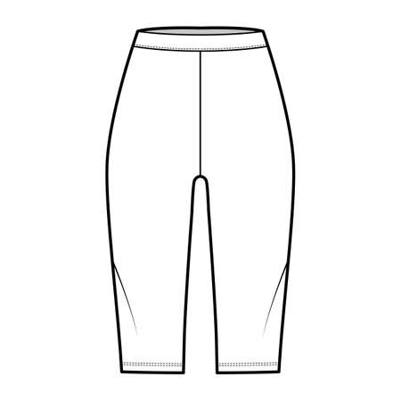 Bike shorts Leggings technical fashion illustration with natural waist, knee length. Flat sport training pants, casual knit trousers apparel template front, white color. Women, men unisex CAD mockupのイラスト素材