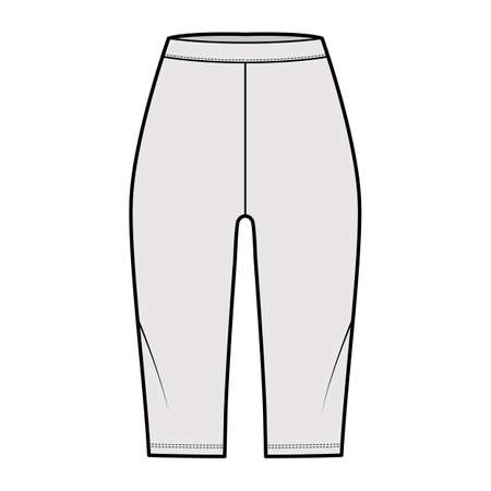 Bike shorts Leggings technical fashion illustration with natural waist, knee length. Flat sport training pants, casual knit trousers apparel template front, grey color. Women, men unisex CAD mockupのイラスト素材