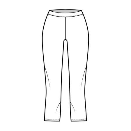 Bike shorts Leggings technical fashion illustration with low waist, rise, calf length. Flat sport training pants, casual knit trousers apparel template front, white color. Women, men unisex CAD mockupのイラスト素材