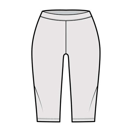 Bike shorts Leggings technical fashion illustration with low waist, rise, knee length. Flat sport training pants, casual knit trousers apparel template front, grey color. Women, men unisex CAD mockupのイラスト素材