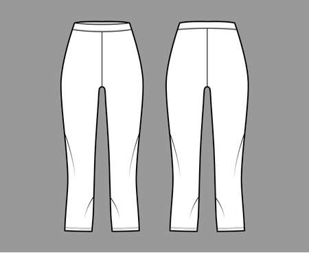 Bike shorts Leggings technical fashion illustration with natural waist, high rise, calf length. Flat sport training pants, trousers apparel template front, back, white color. Women, unisex CAD mockupのイラスト素材