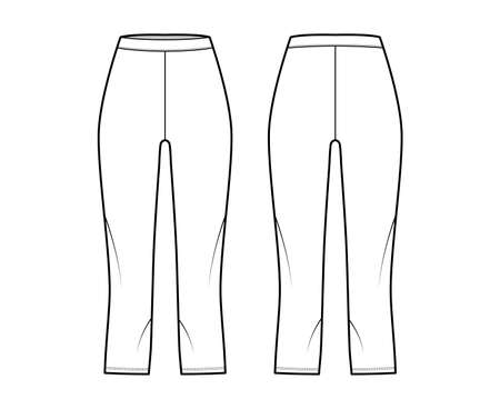 Bike shorts Leggings technical fashion illustration with natural waist, high rise, calf length. Flat sport training pants, trousers apparel template front, back, white color. Women, men unisex mockupのイラスト素材