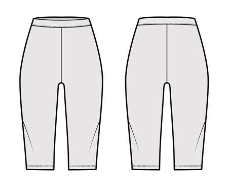 Bike shorts Leggings technical fashion illustration with natural waist, knee length. Flat sport training pants, casual trousers apparel template front, back, grey color. Women, men unisex CAD mockupのイラスト素材