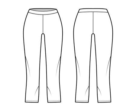 Bike shorts Leggings technical fashion illustration with low waist, rise, calf length. Flat sport training pants, casual knit apparel template front, back, white color. Women, men unisex CAD mockupのイラスト素材