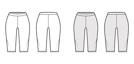 Bike shorts Leggings technical fashion illustration with low waist, rise, knee length. Flat sport training pants, trousers apparel template front, back, white, grey color. Women, men unisex CAD mockupのイラスト素材