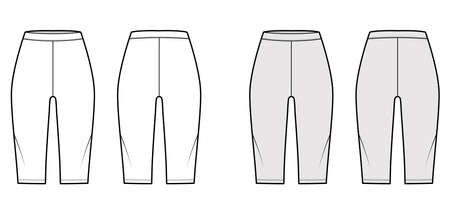 Bike shorts Leggings technical fashion illustration with natural waist, knee length. Flat sport training pants, trousers apparel template front, back, white, grey color. Women, men unisex CAD mockupのイラスト素材