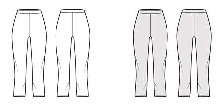 Bike shorts Leggings technical fashion illustration with natural waist, high rise, calf length. Flat sport pants, trousers apparel template front, back, white, grey color. Women, men unisex CAD mockupのイラスト素材