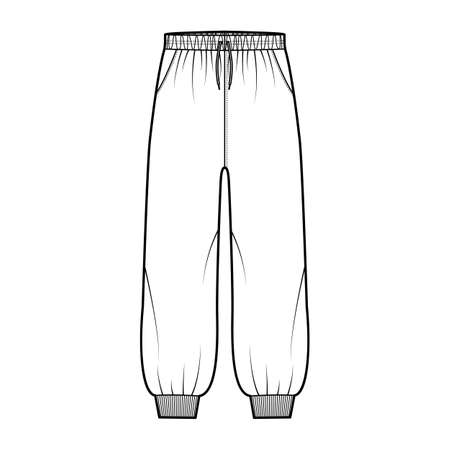 Shorts Sweatpants technical fashion illustration with elastic cuffs, low waist, rise, drawstrings, midi ankle length. Flat training joggers trousers template front white color. Women unisex CAD mockupのイラスト素材