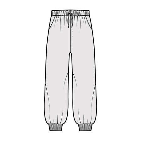 Shorts Sweatpants technical fashion illustration with elastic cuffs, low waist, rise, drawstrings, midi ankle length. Flat training trousers template front, grey color. Women men unisex CAD mockupのイラスト素材