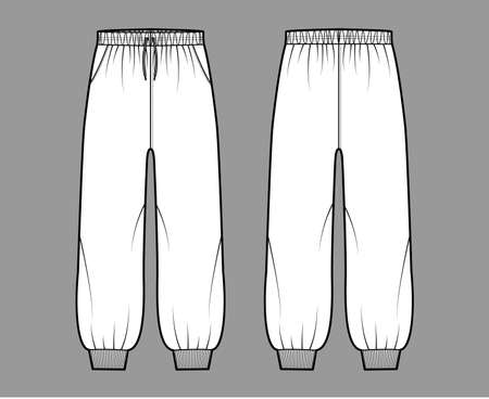 Shorts Sweatpants technical fashion illustration with elastic cuffs, low waist, rise, drawstrings, midi ankle length. Flat training joggers template front, back, white color. Women men unisex mockupのイラスト素材